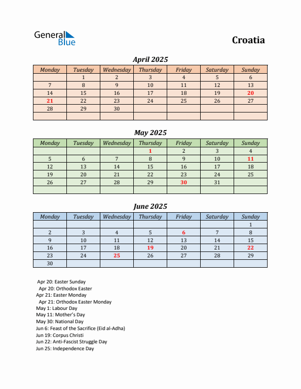 Q2 2025 Holiday Calendar - Croatia