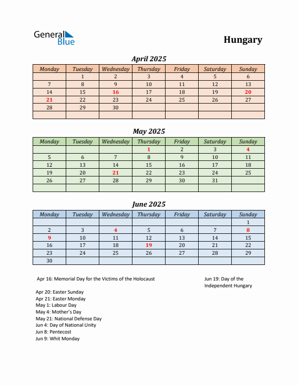 Q2 2025 Holiday Calendar - Hungary