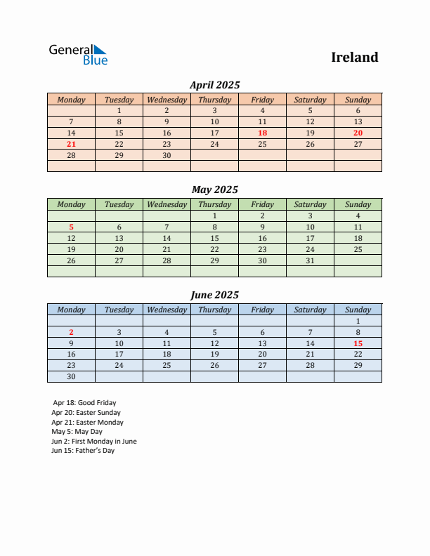 Q2 2025 Holiday Calendar - Ireland