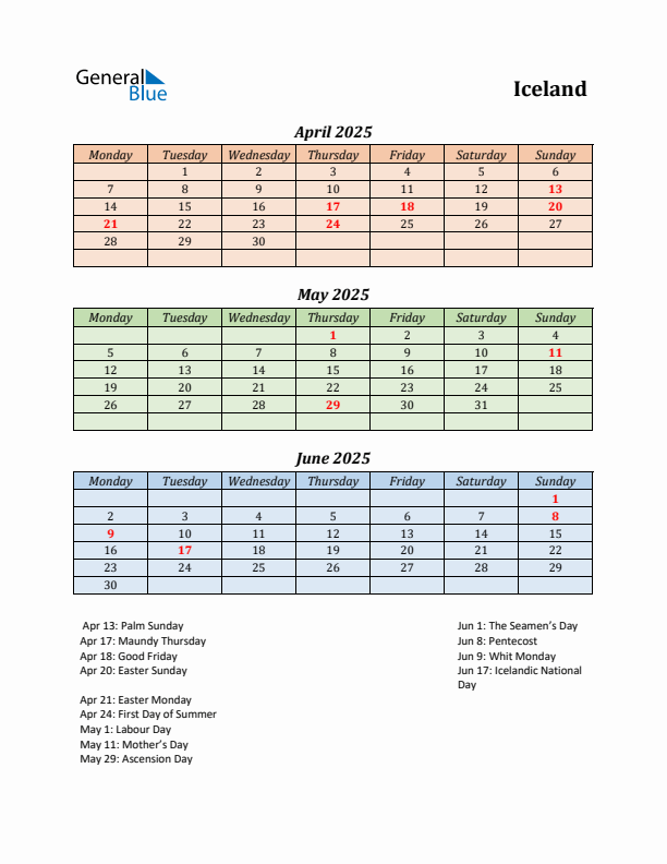 Q2 2025 Holiday Calendar - Iceland