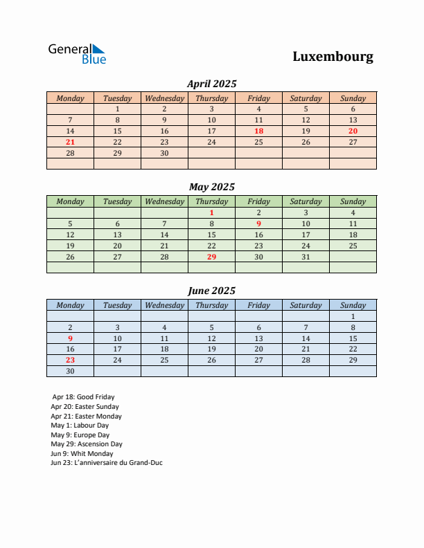 Q2 2025 Holiday Calendar - Luxembourg