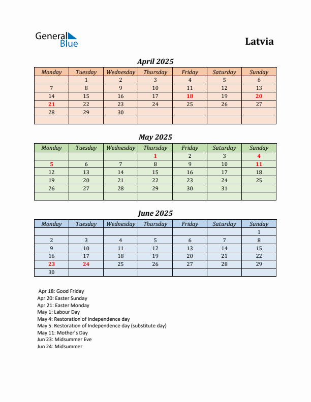 Q2 2025 Holiday Calendar - Latvia