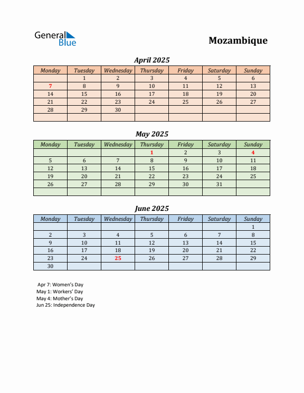 Q2 2025 Holiday Calendar - Mozambique