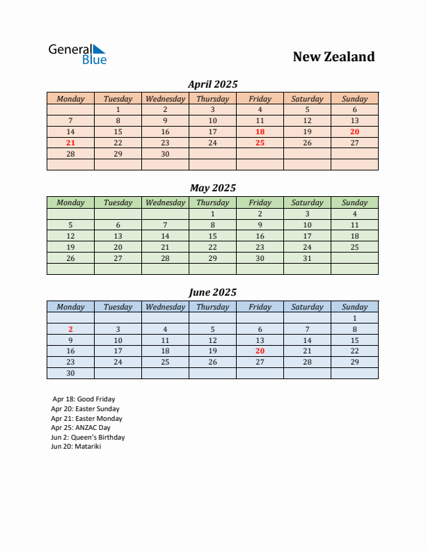 Q2 2025 Holiday Calendar - New Zealand