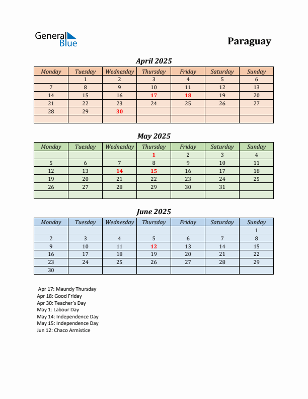 Q2 2025 Holiday Calendar - Paraguay