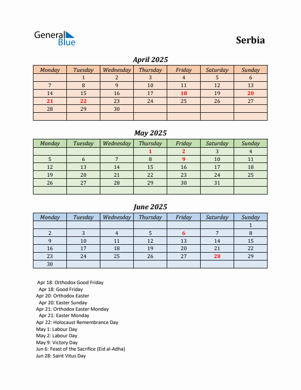 Q2 2025 Holiday Calendar - Serbia