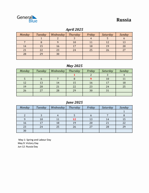 Q2 2025 Holiday Calendar - Russia