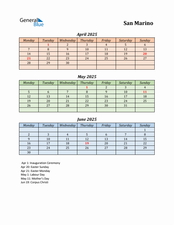 Q2 2025 Holiday Calendar - San Marino