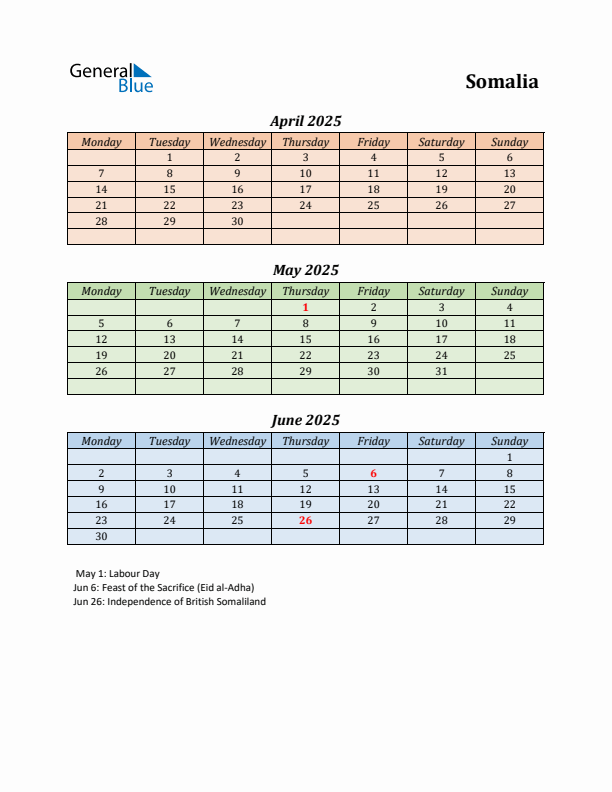 Q2 2025 Holiday Calendar - Somalia