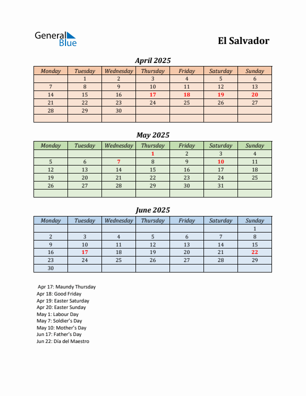 Q2 2025 Holiday Calendar - El Salvador