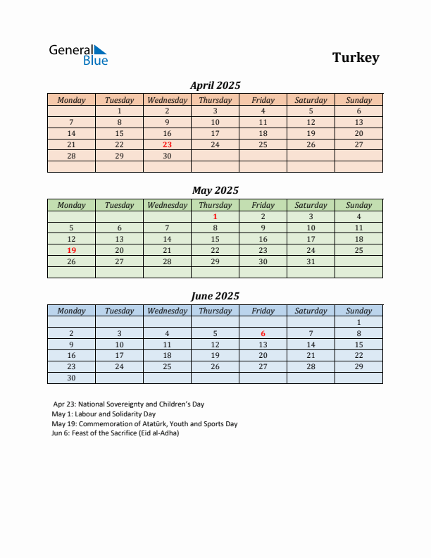 Q2 2025 Holiday Calendar - Turkey