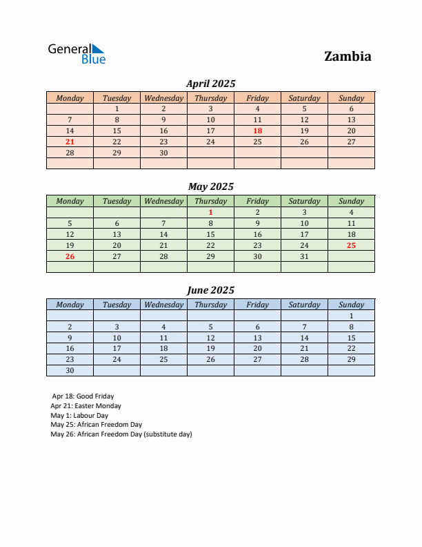 Q2 2025 Holiday Calendar - Zambia