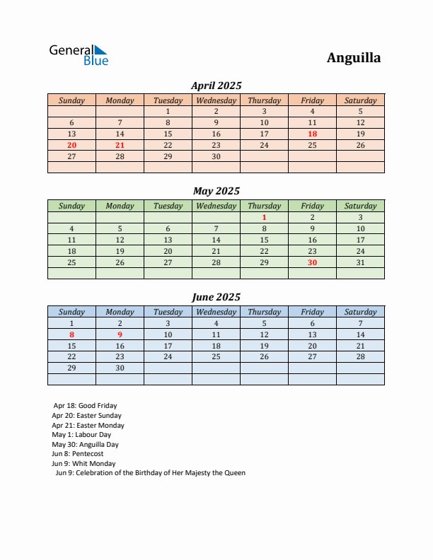 Q2 2025 Holiday Calendar - Anguilla