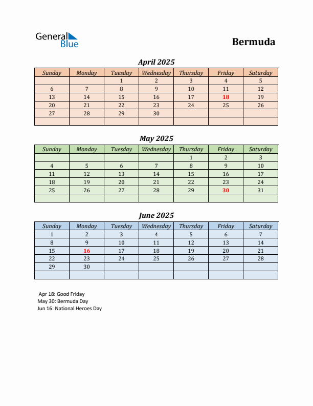 Q2 2025 Holiday Calendar - Bermuda