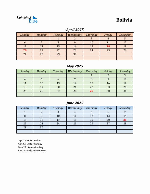 Q2 2025 Holiday Calendar - Bolivia