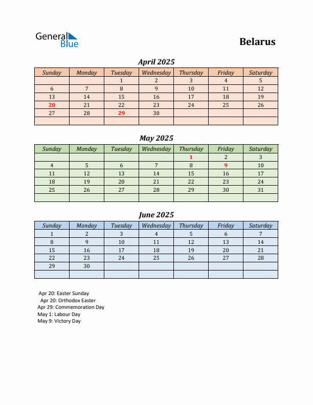 Q2 2025 Holiday Calendar - Belarus