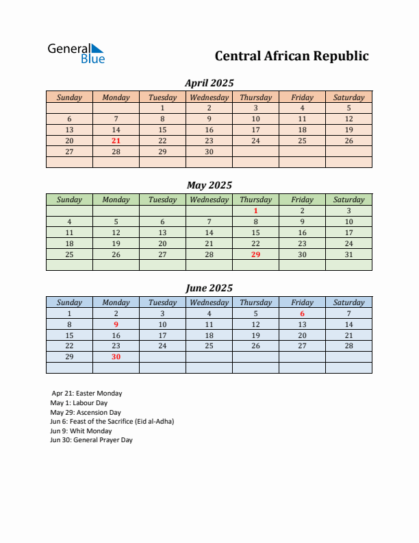 Q2 2025 Holiday Calendar - Central African Republic