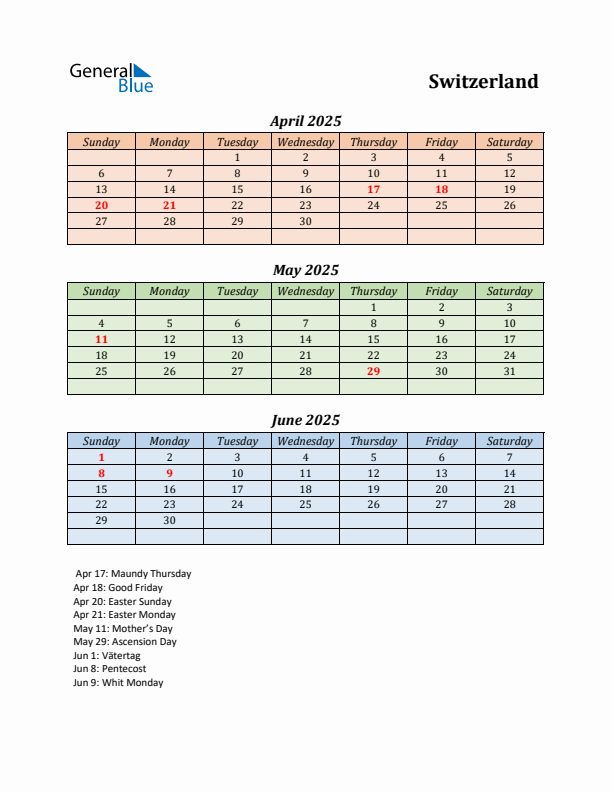 Q2 2025 Holiday Calendar - Switzerland