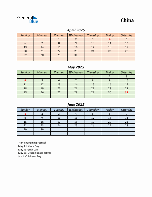 Q2 2025 Holiday Calendar - China