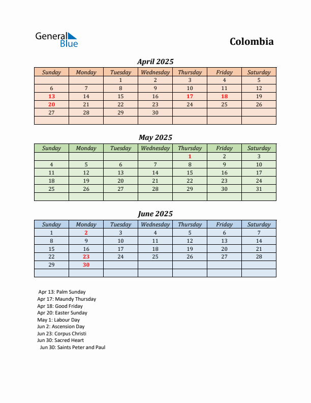 Q2 2025 Holiday Calendar - Colombia