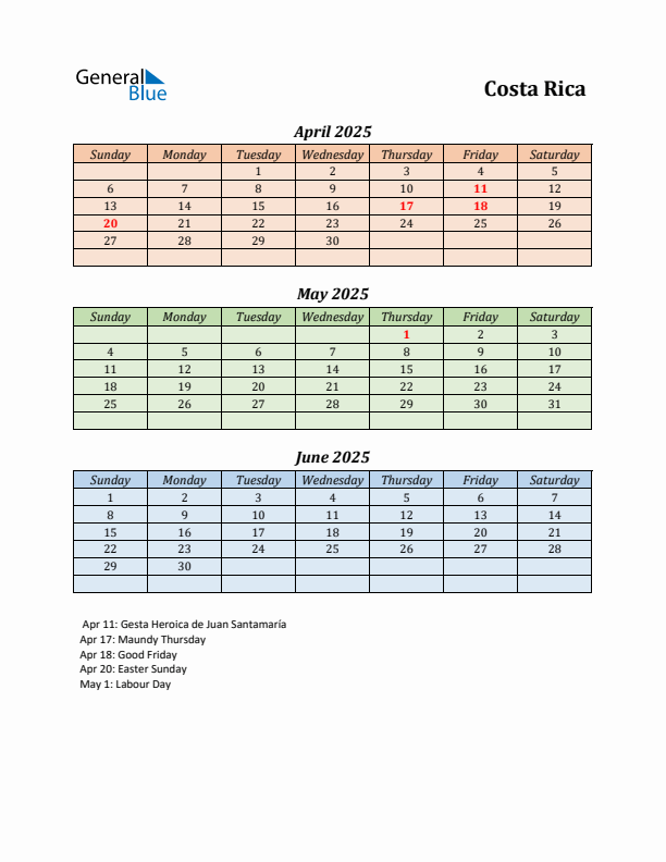 Q2 2025 Holiday Calendar - Costa Rica