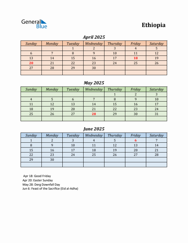 Q2 2025 Holiday Calendar - Ethiopia