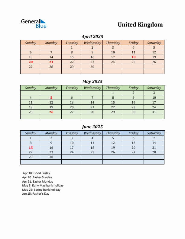 Q2 2025 Holiday Calendar - United Kingdom