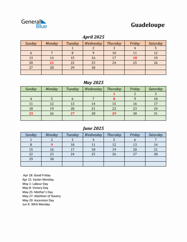 Q2 2025 Holiday Calendar - Guadeloupe