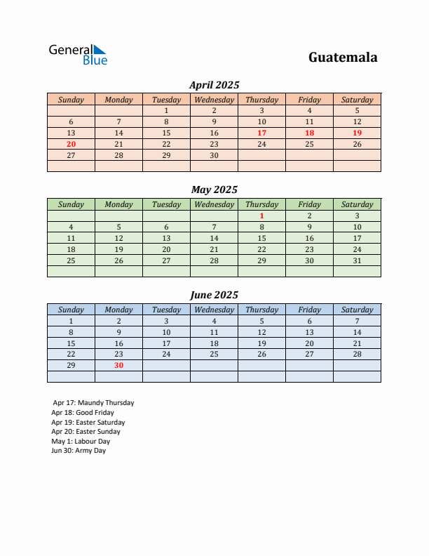 Q2 2025 Holiday Calendar - Guatemala