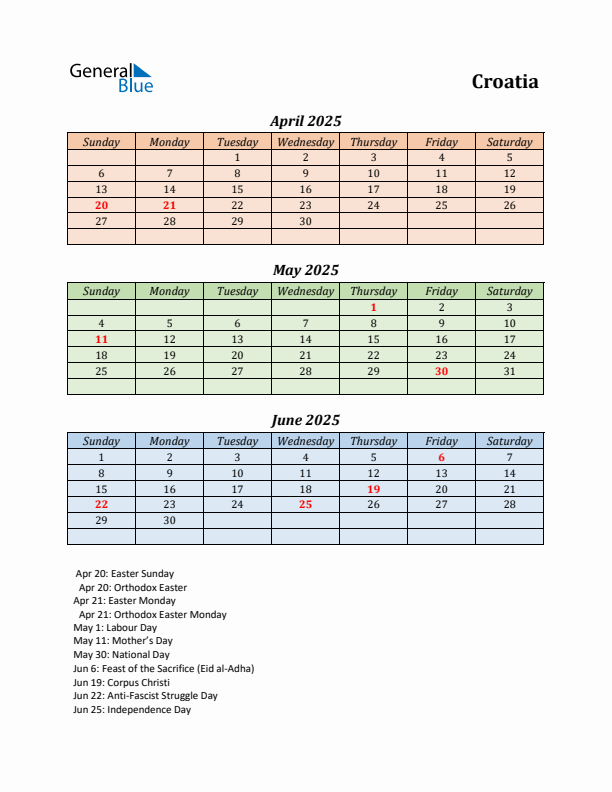 Q2 2025 Holiday Calendar - Croatia