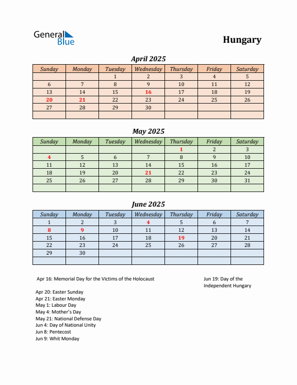 Q2 2025 Holiday Calendar - Hungary