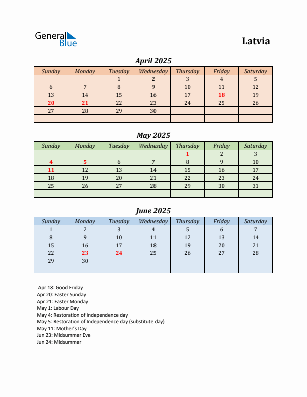 Q2 2025 Holiday Calendar - Latvia