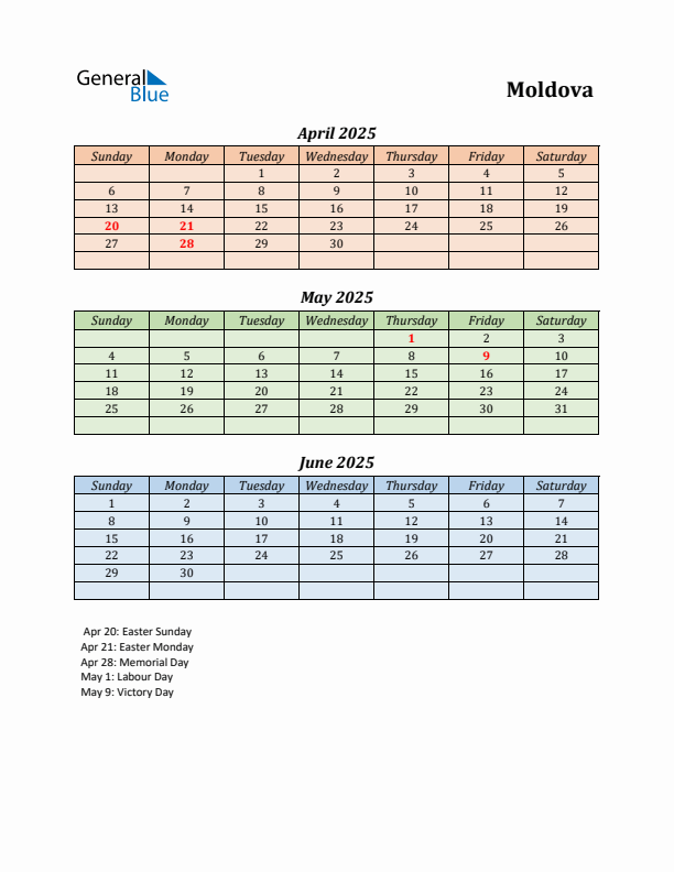 Q2 2025 Holiday Calendar - Moldova