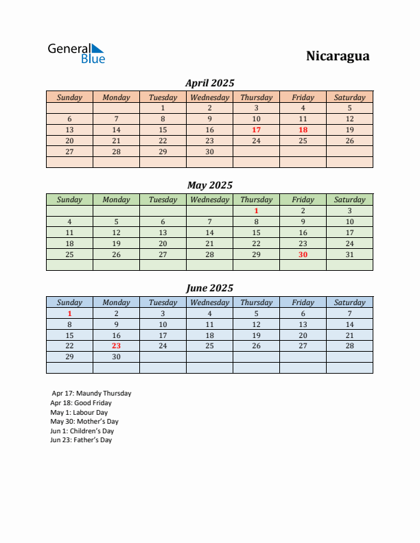 Q2 2025 Holiday Calendar - Nicaragua