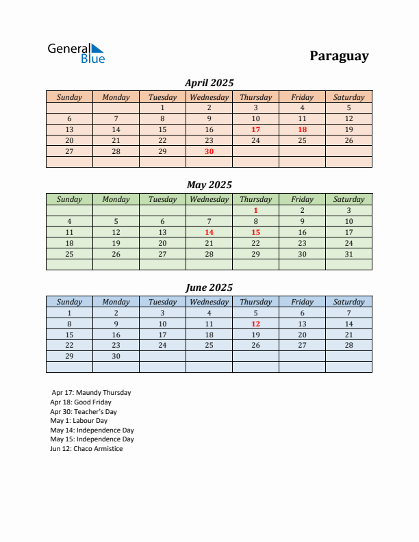 Q2 2025 Holiday Calendar - Paraguay