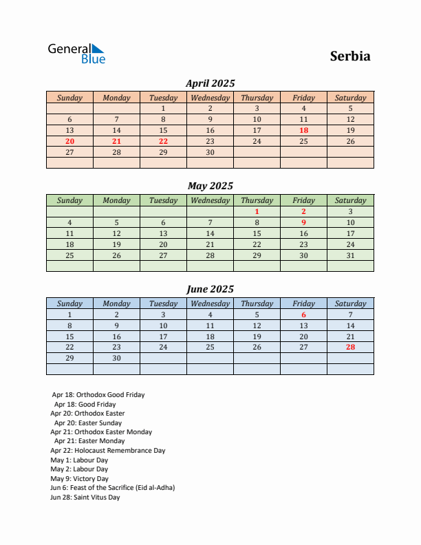 Q2 2025 Holiday Calendar - Serbia