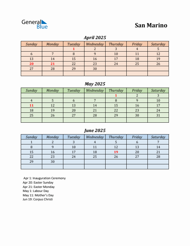 Q2 2025 Holiday Calendar - San Marino