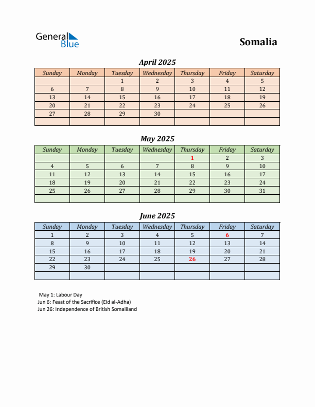 Q2 2025 Holiday Calendar - Somalia