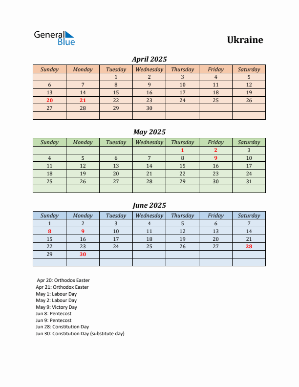 Q2 2025 Holiday Calendar - Ukraine