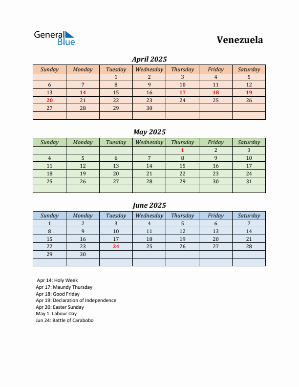 Q2 2025 Holiday Calendar - Venezuela