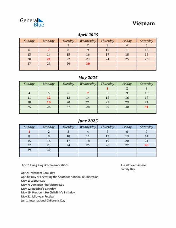 Q2 2025 Holiday Calendar - Vietnam