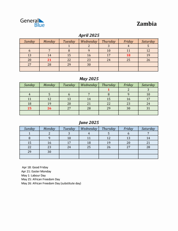 Q2 2025 Holiday Calendar - Zambia