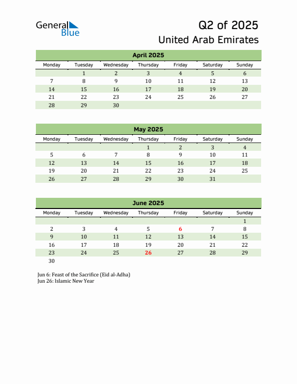 Quarterly Calendar 2025 with United Arab Emirates Holidays