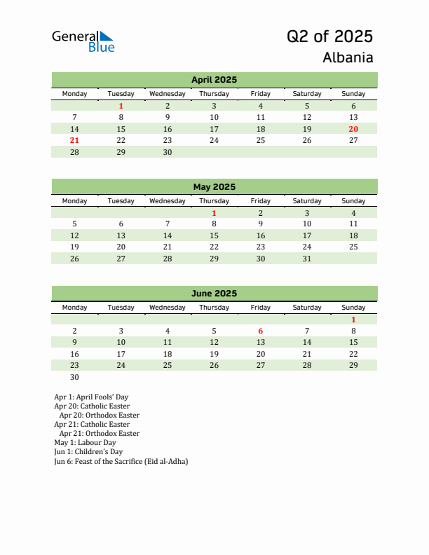 Quarterly Calendar 2025 with Albania Holidays