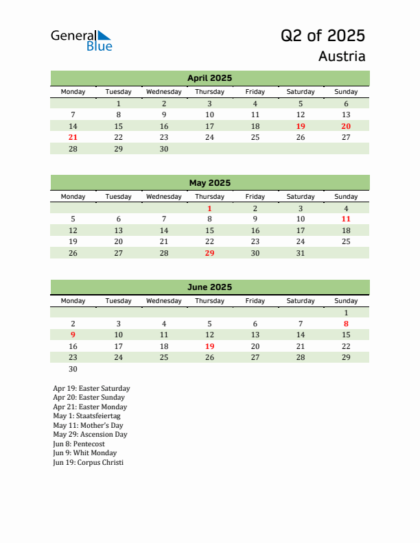 Quarterly Calendar 2025 with Austria Holidays