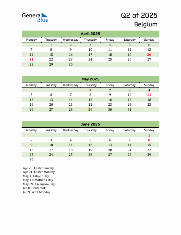 Quarterly Calendar 2025 with Belgium Holidays