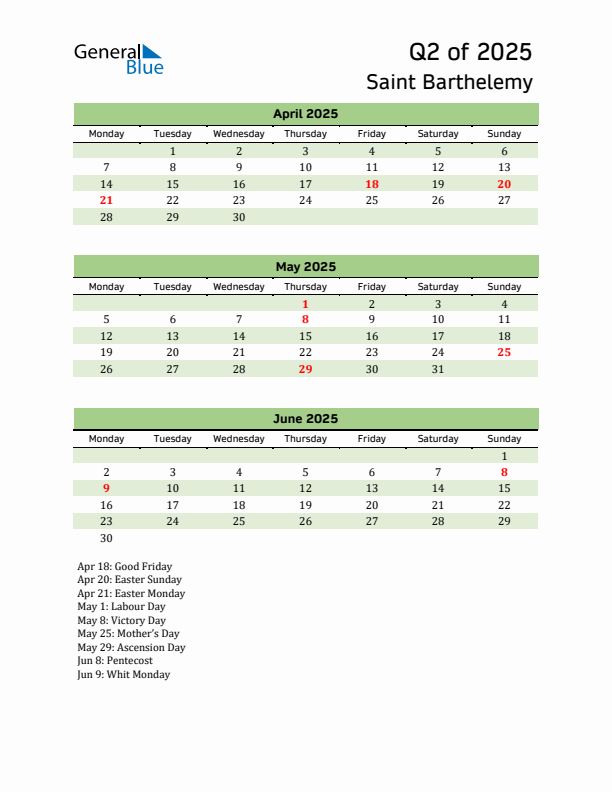 Quarterly Calendar 2025 with Saint Barthelemy Holidays