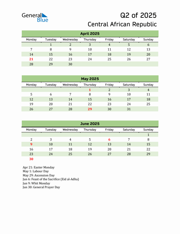 Quarterly Calendar 2025 with Central African Republic Holidays