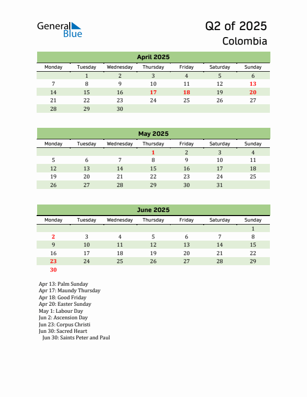 Quarterly Calendar 2025 with Colombia Holidays