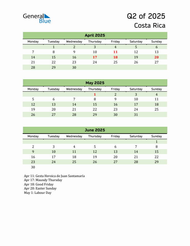 Quarterly Calendar 2025 with Costa Rica Holidays